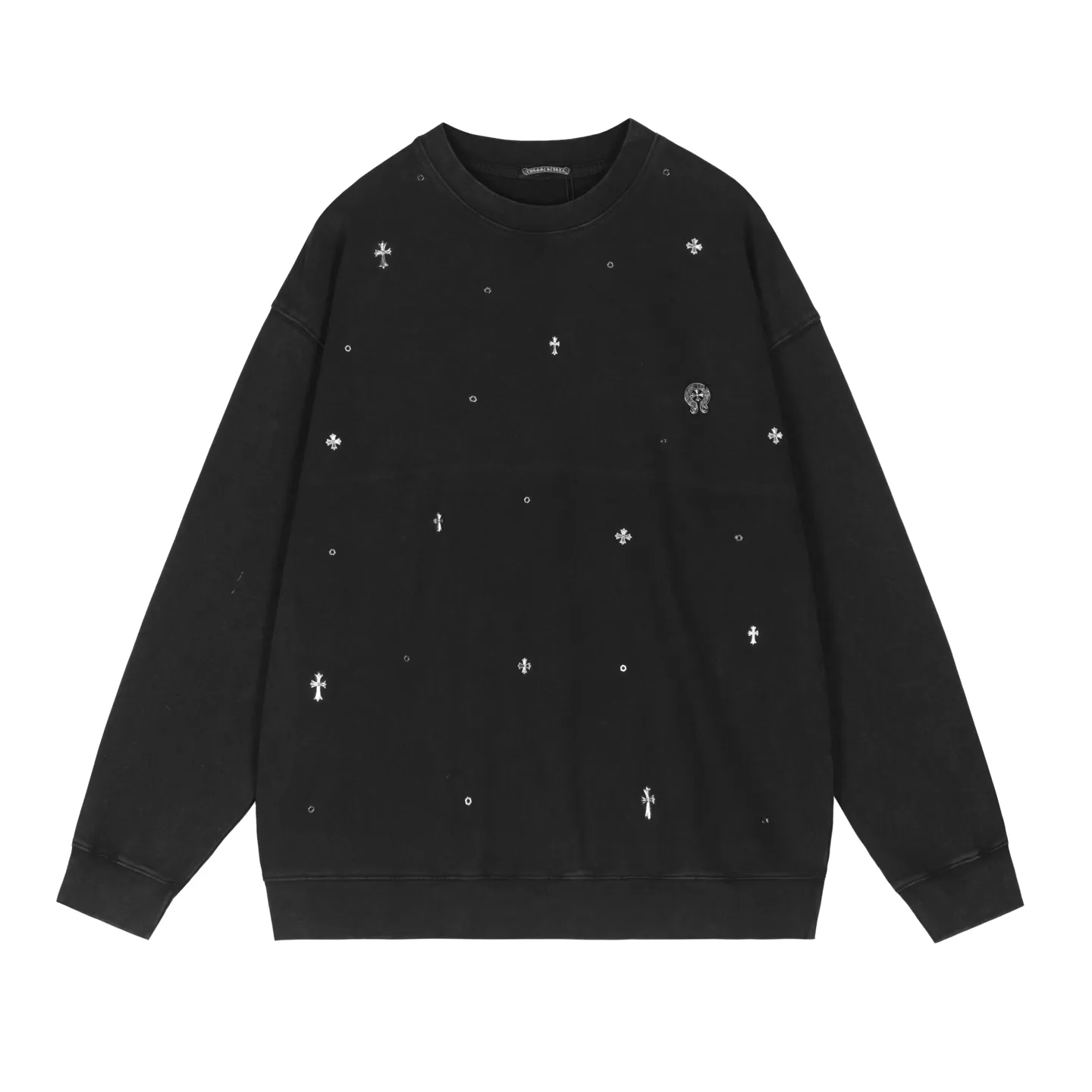 P296 Chrome Hearts Chrome Hearts Washed Small Rivets Cross Logo Round Neck Sweatshirt Size: SMLXL Color: Black